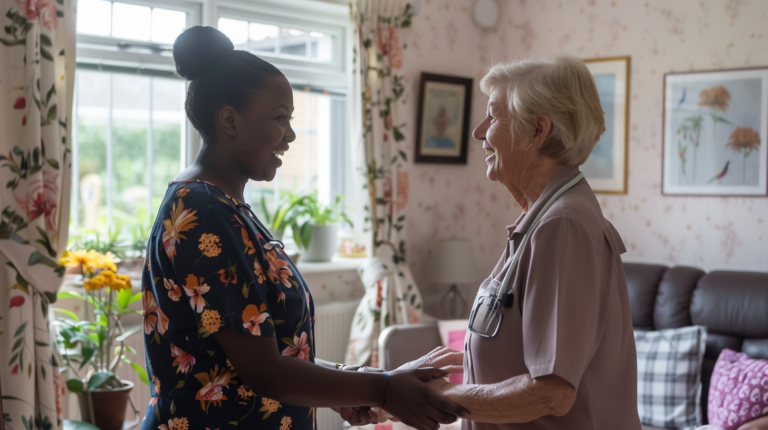 Home 42 donsolar a friendly black nigerian care worker greeting a pro 83020601 d72a 4b83 b6cb 9369c1fadced 2